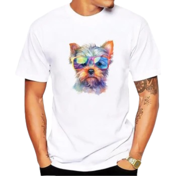 Yorkshire Terrier-themed white crewneck T-shirt on hanger with playful paw print design.