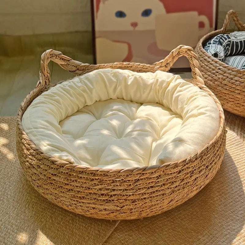 Rattan Weaving Pet Bed With Cushion