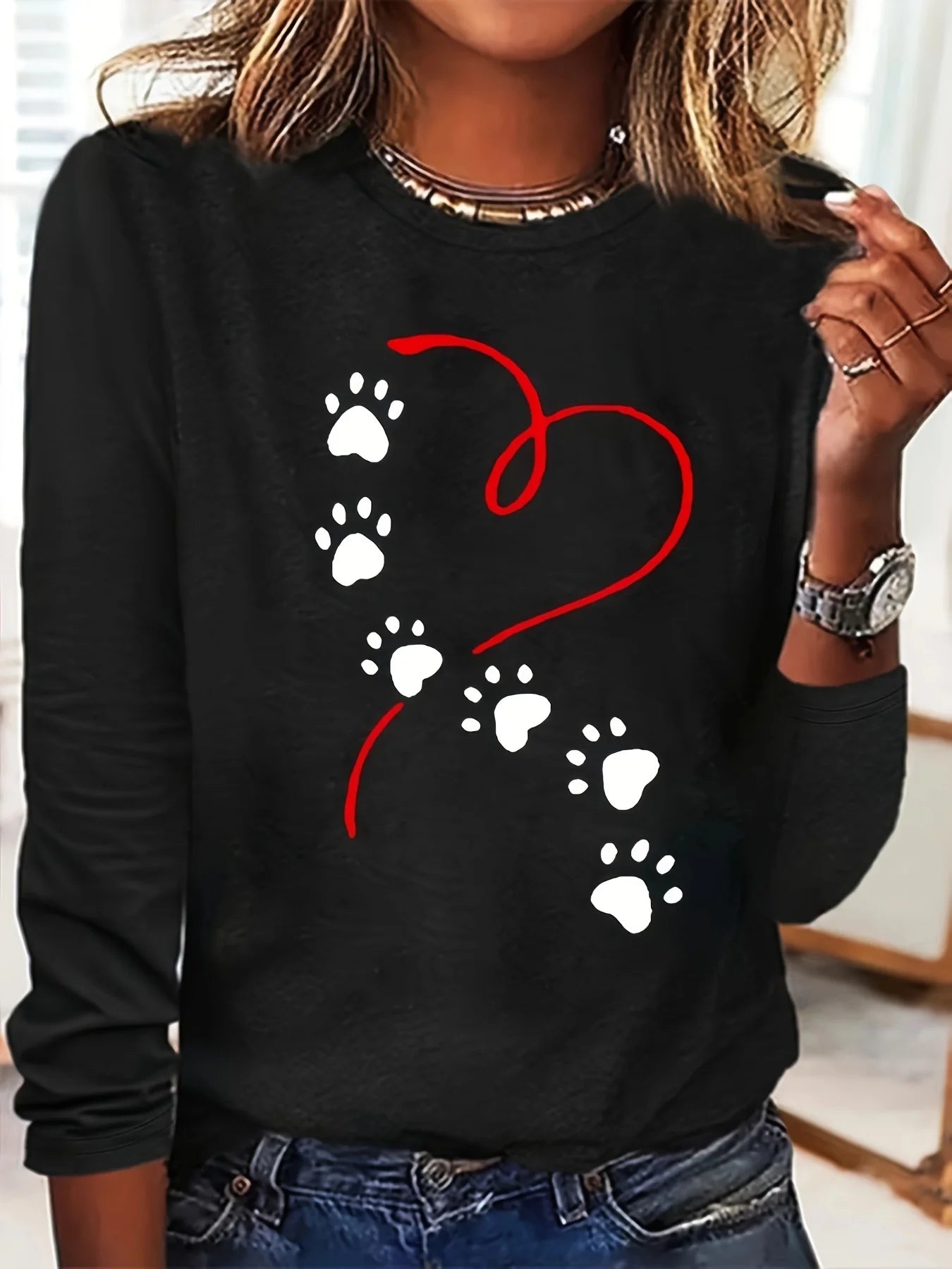 women's long sleeved Heart Dog Paw Print T shirt