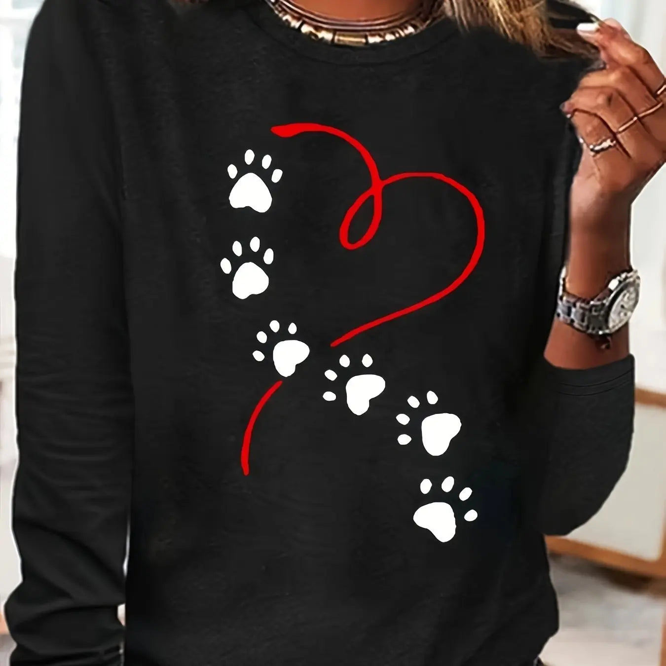 women's long sleeved Heart Dog Paw Print T shirt