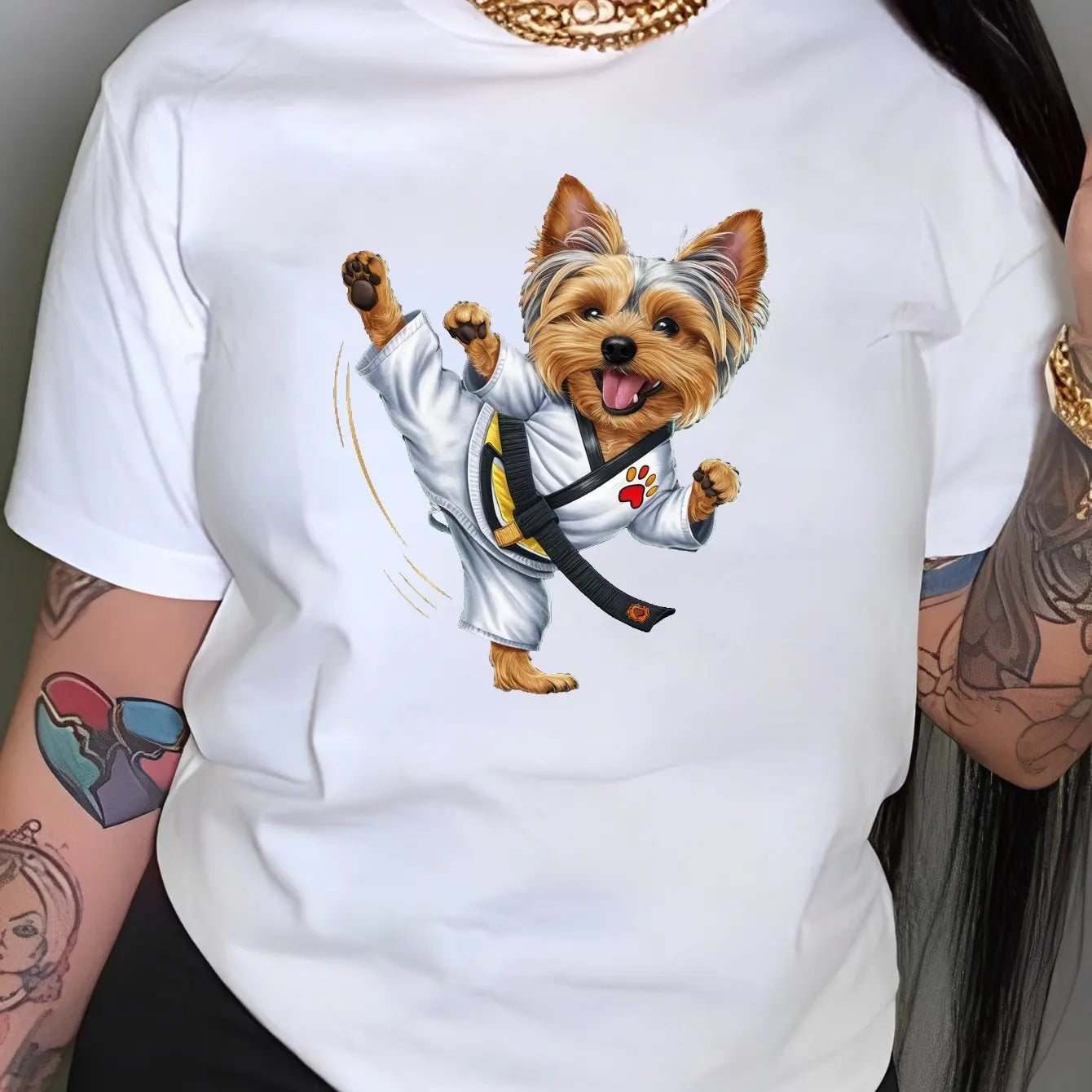 Short Sleeve Yorkshire Terrier Martial Arts Print T-shirt