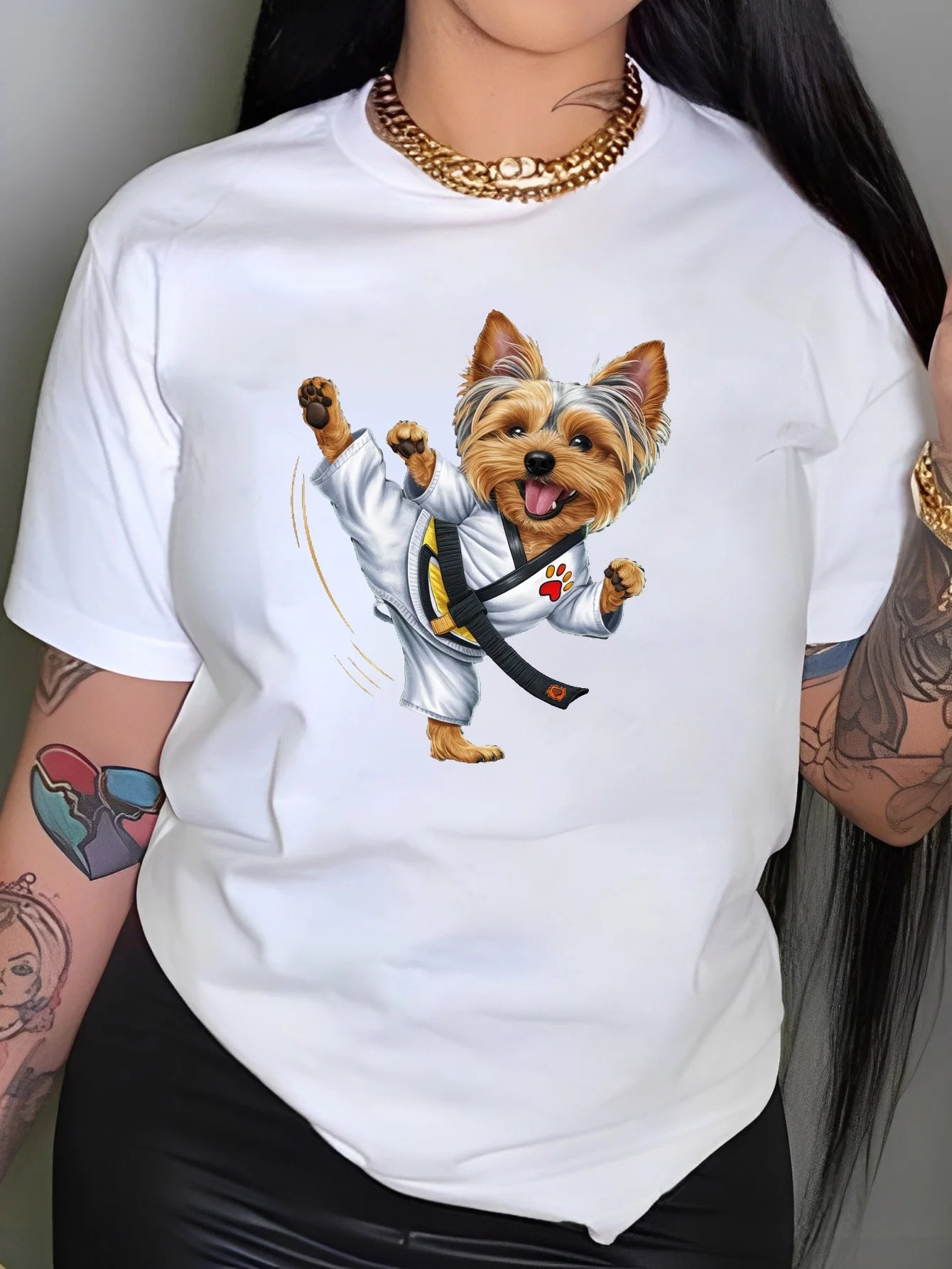 Short Sleeve Yorkshire Terrier Martial Arts Print T-shirt