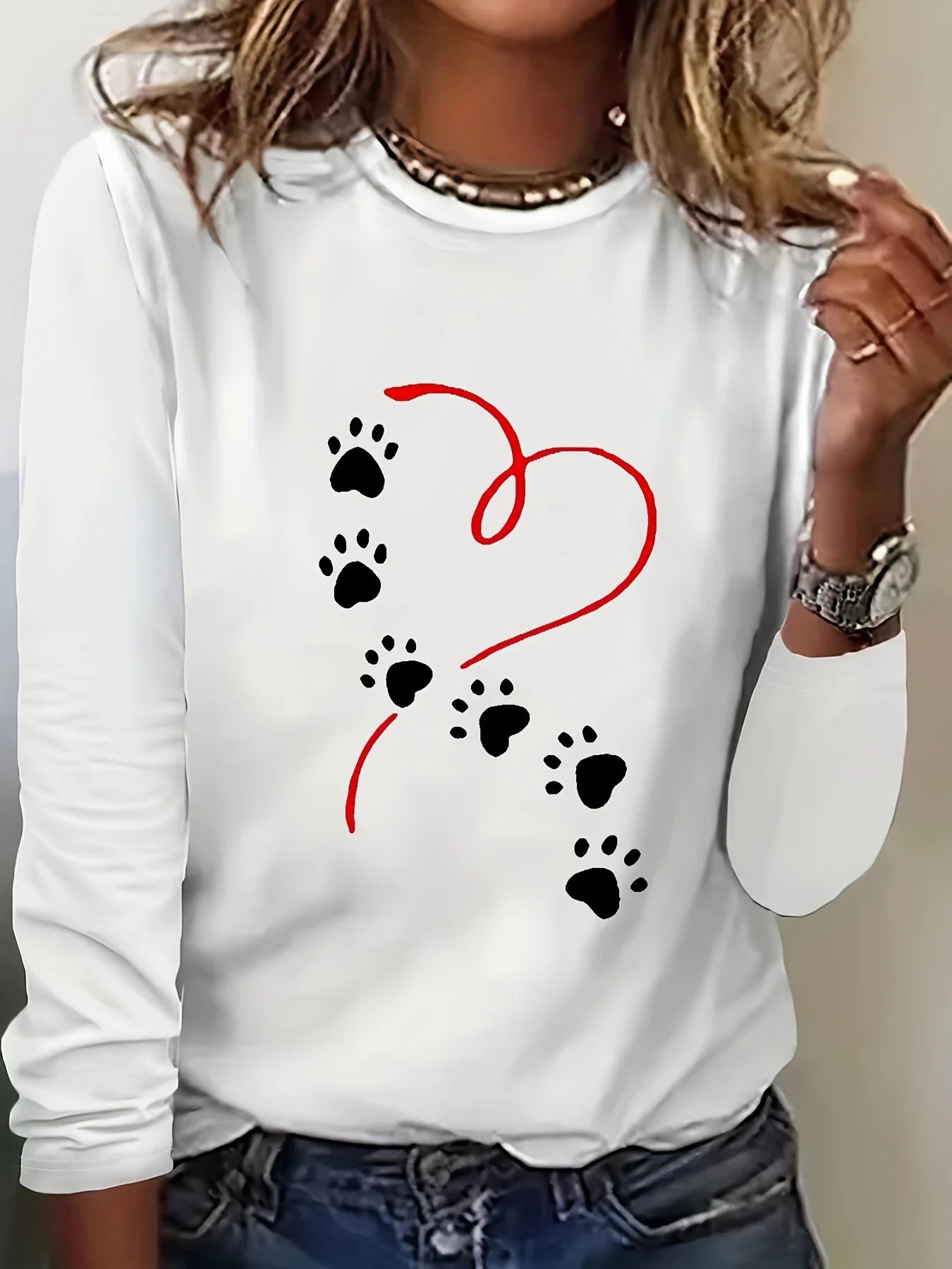 women's long sleeved Heart Dog Paw Print T shirt