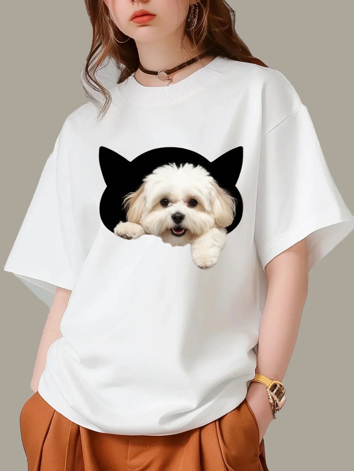 Dog Print Short Sleeve Round Neck T-Shirt