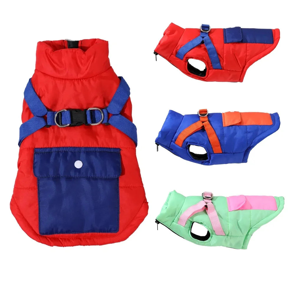 Dog Clothes Vest Jacket With Harness Pocket Zipper Windproof