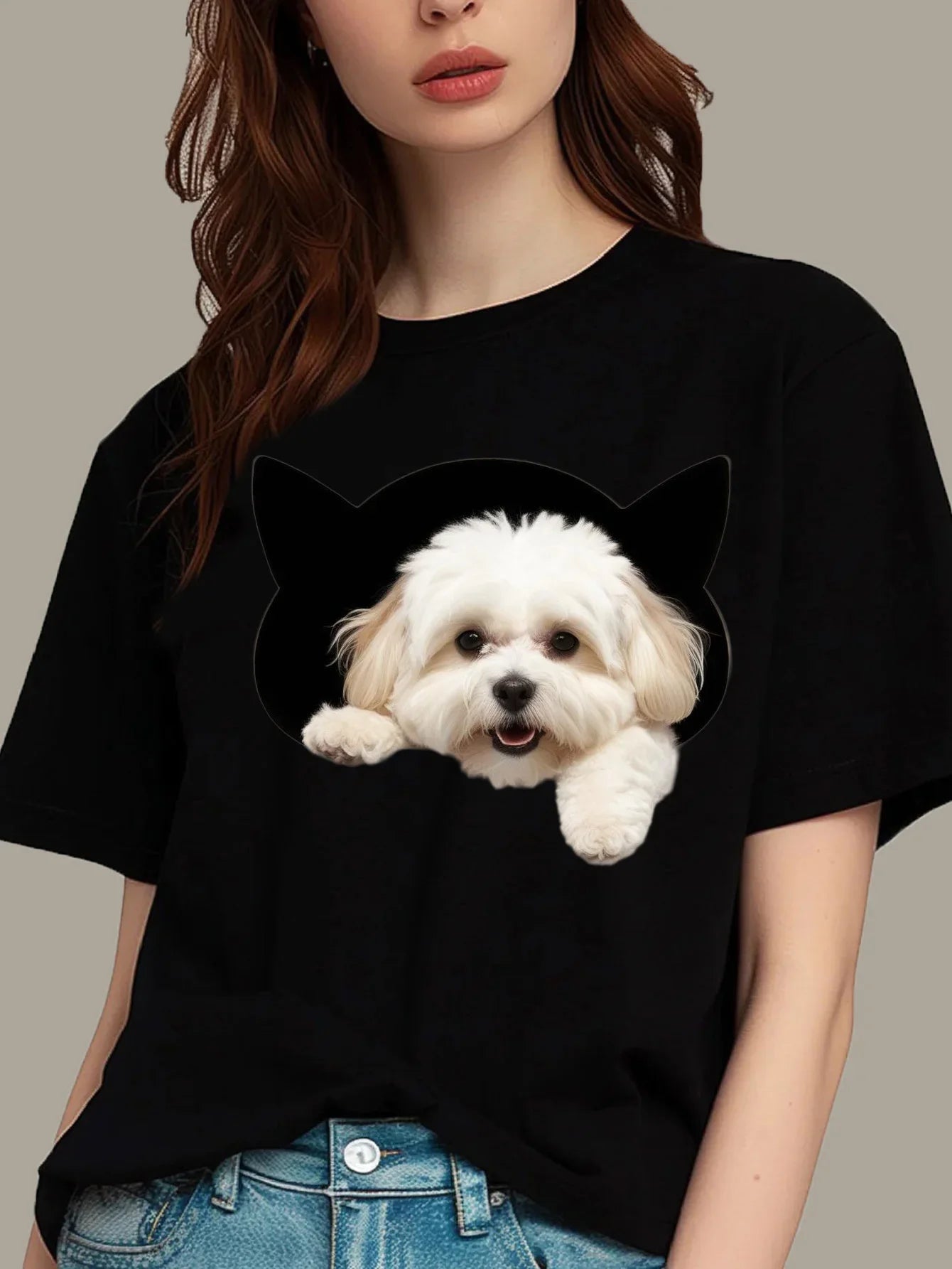 Dog Print Short Sleeve Round Neck T-Shirt