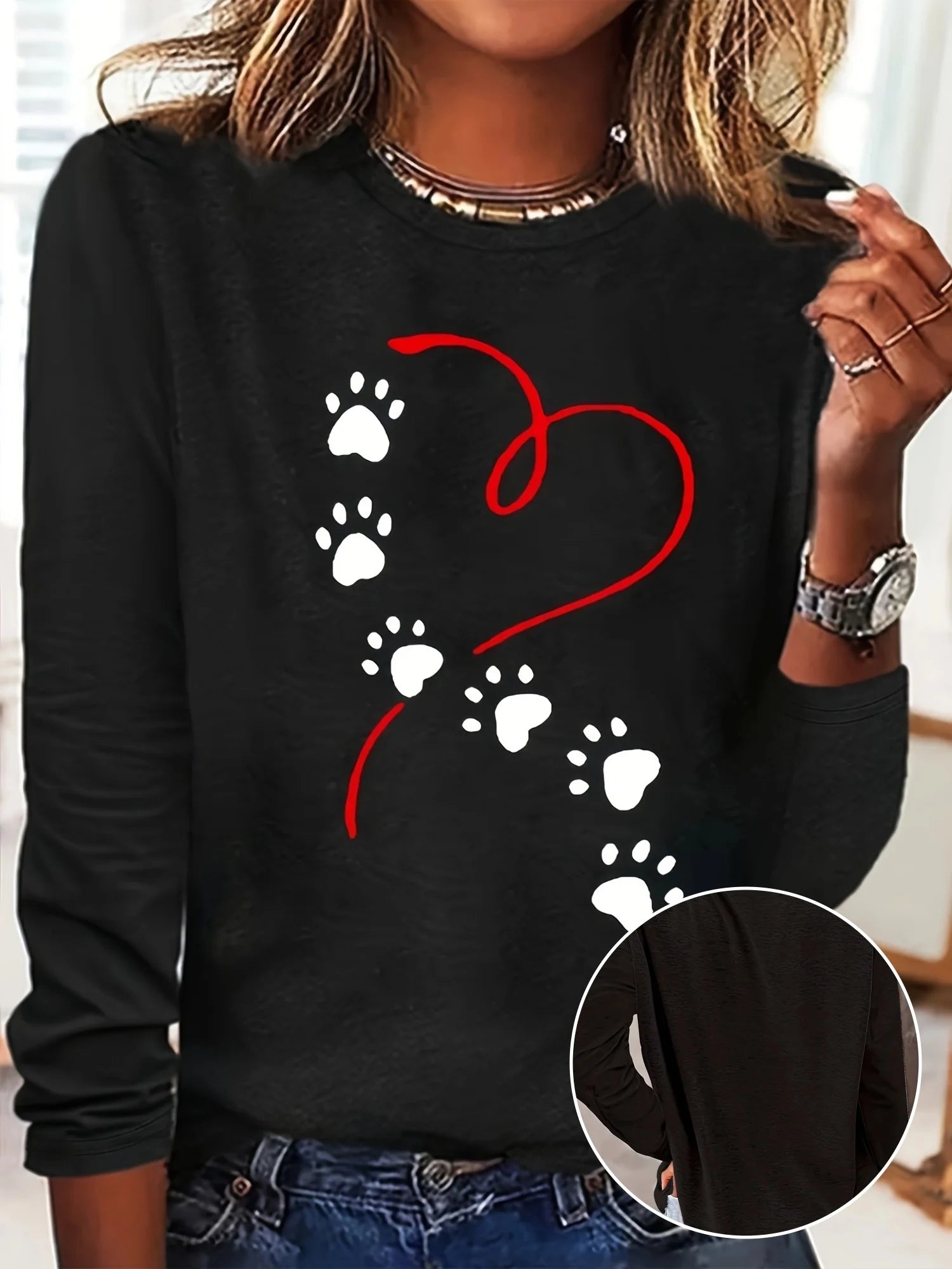 women's long sleeved Heart Dog Paw Print T shirt
