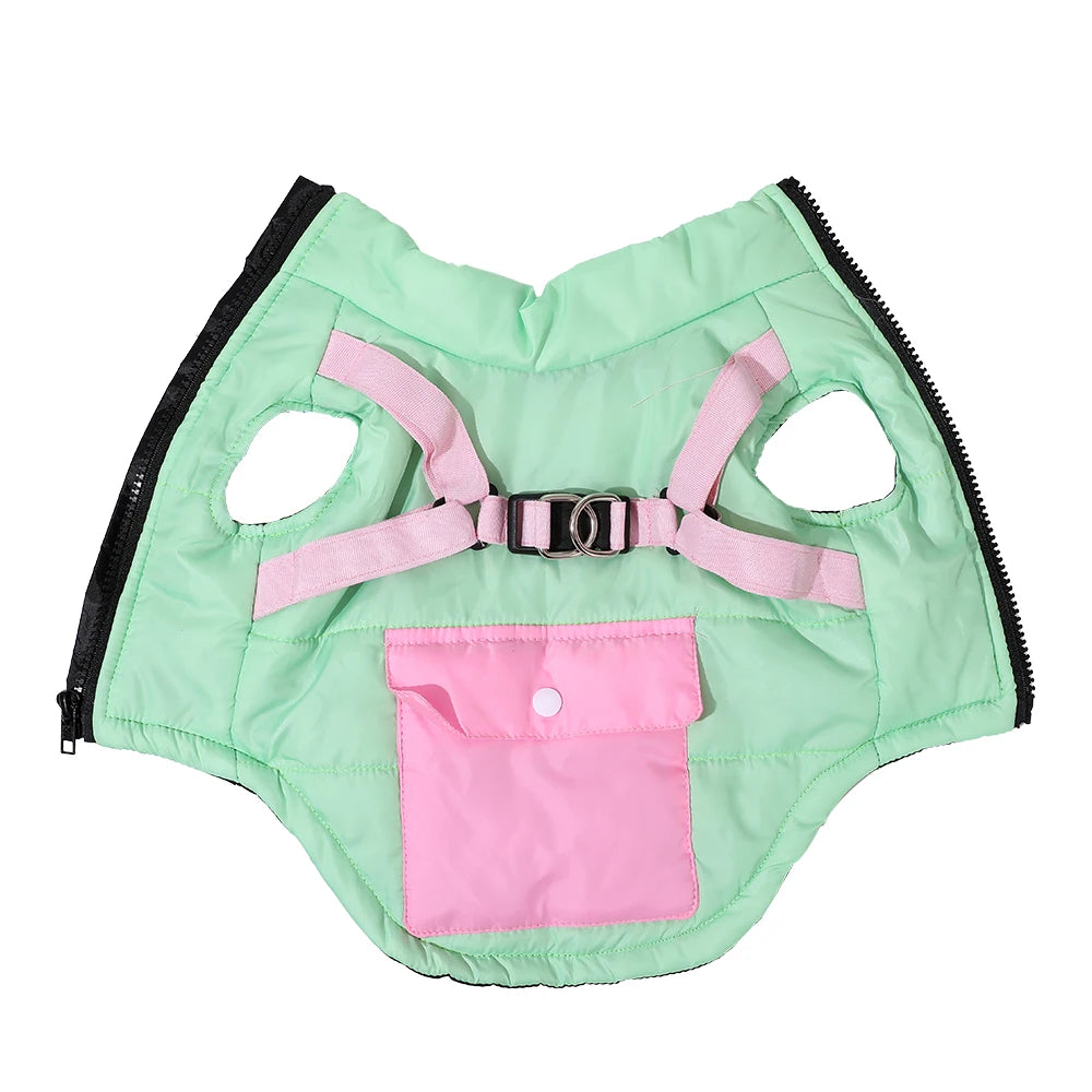 Dog Clothes Vest Jacket With Harness Pocket Zipper Windproof