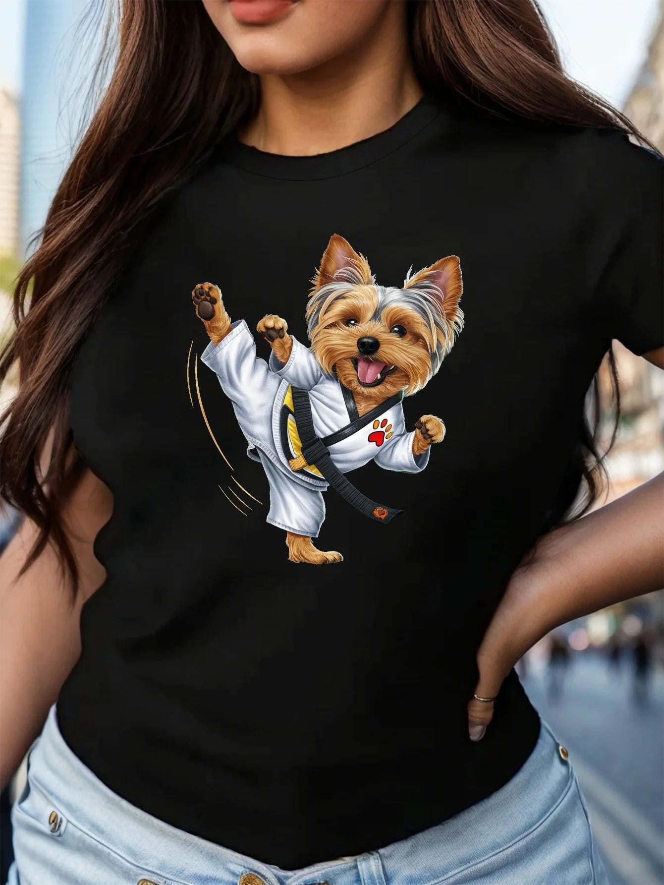 Short Sleeve Yorkshire Terrier Martial Arts Print T-shirt