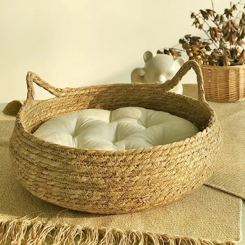 Rattan Weaving Pet Bed With Cushion